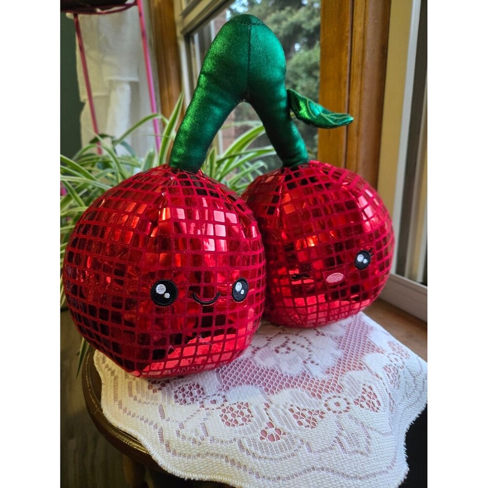 Pink Sky Disco Cherry Plush – Red Mirror Ball Decorative Pillows 🍒